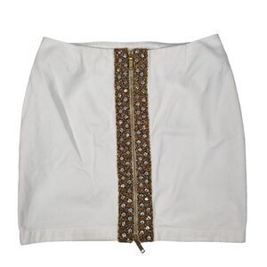S/S 2004 Celine Beaded Denim Mini Skirt Size 40 White Zip Front Vintage